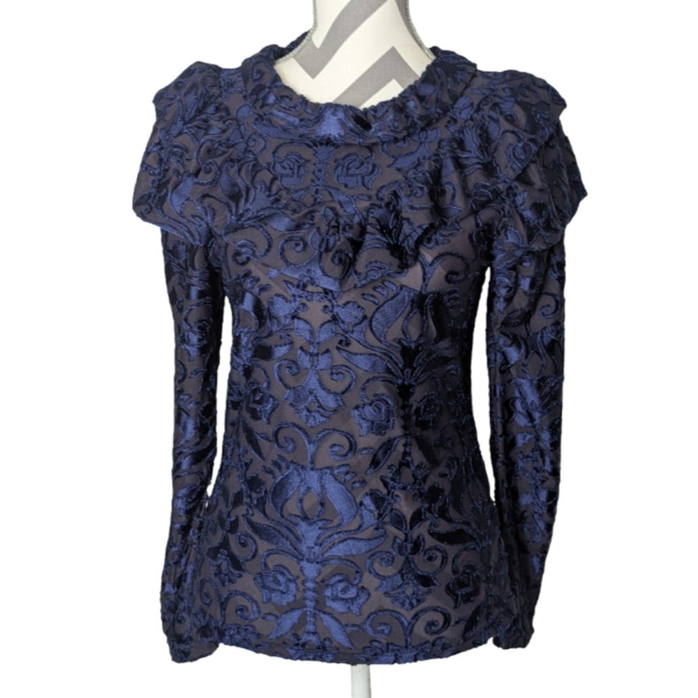 Luminary Women's Top Small Elegant Blue Velvet Victorian Jacquard Long Sleeve - Picture 2 of 10